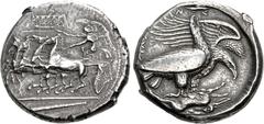 Greek SICILY, Akragas. Circa 410-406 BC. AR Tetradrachm (26mm, 17.43 g, 12h). Reverse die signed by Silanos. Nike, wearing long chiton, holding kentron in extended right hand, reins in left, driving f