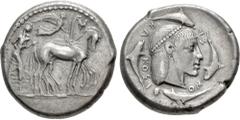 Greek SICILY, Syracuse. Hieron I. 478-466 BC. AR Tetradrachm (24.5mm, 17.30 g, 4h). 'Damareteion' series. Struck circa 470-466 BC. Charioteer, wearing long chiton, holding kentron in right hand, reins