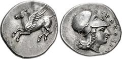 Greek SICILY, Syracuse. Timoleon and the Third Democracy. 344-317 BC. AR Stater (22mm, 8.65 g, 2h). Struck under Timoleon, 344-339/8. Pegasos flying left / Head of Athena right, wearing Corinthian hel