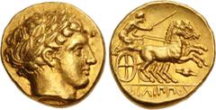 Greek KINGS of MACEDON. temp. Philip II – Alexander III. Circa 340/36-328 BC. AV Stater (17mm, 8.60 g, 12h). In the name and types of Philip II. Amphipolis mint. Head of Apollo right, wearing laurel w