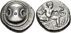 Greek BOEOTIA, Thebes. Circa 425-395 BC. AR Stater (21.5mm, 11.78 g). Boeotian shield / The Herakliskos Drakonopnigon: The infant Herakles seated facing, head right, strangling two serpents, one held 