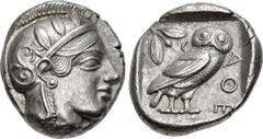 Greek ATTICA, Athens. Circa 454-404 BC. AR Tetradrachm (22mm, 17.18 g, 11h). Head of Athena right, with frontal eye, wearing earring, necklace, and crested Attic helmet decorated with three olive leav