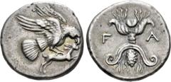 Greek ELIS, Olympia. 134th-143rd Olympiad. Circa 244-208 BC. AR Drachm (18mm, 4.73 g, 10h). Eagle flying right, tearing at hare held in its talons / Vertical thunderbolt with volute above, wings below
