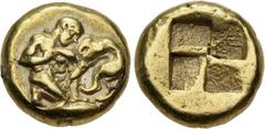Greek MYSIA, Kyzikos. Circa 450-330 BC. EL Hekte – Sixth Stater (10.5mm, 2.65 g). Herakles kneeling right, strangling the Nemean Lion; below, tunny left / Quadripartite incuse square. Von Fritze I 161