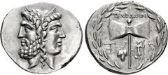 Greek ISLANDS off TROAS, Tenedos. Circa 100-70 BC. AR Tetradrachm (33.5mm, 16.87 g, 12h). Stephanophoric type. Janiform head of a male left, laureate, and female right, wearing stephane / Labrys; TENE
