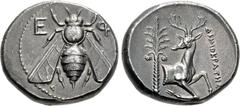 Greek IONIA, Ephesos. Circa 390-325 BC. AR Tetradrachm (24.5mm, 15.18 g, 12h). Demokrates, magistrate. Class G, circa 350-340 BC. Bee with straight wings, seen from above; E-Φ flanking head / Forepart