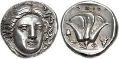 Greek ISLANDS off CARIA, Rhodos. Rhodes. Circa 408/7-404 BC. AR Tetradrachm (23.5mm, 15.15 g, 12h). Head of Helios facing slightly right / Rose in profile, with bud to left; POΔION above; Φ and facing