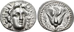 Greek ISLANDS off CARIA, Rhodos. Rhodes. Circa 205-190 BC. AR Tetradrachm (26mm, 13.41 g, 12h). Aristoboulos, magistrate. Radiate head of Helios facing slightly right / Rose in profile, with bud to ri