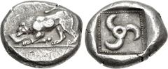 Greek DYNASTS of LYCIA. Uncertain (Kuprilli or contemporary). Circa 480-440 BC. AR Stater (20.5mm, 8.88 g). Lion standing left, eating leg of prey / Triskeles in dotted square within incuse square. Mü