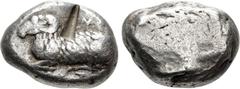 Greek CYPRUS, Salamis. Euelthon (or successors). Circa 530/15-500 BC. AR Stater (20mm, 11.35 g). Ram couchant left; e-u-[we-le-to-ne] (= Euelthon [in Cypriot]) in two lines, above and below / Blank. M