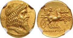 Greek SELEUKID EMPIRE. Andragoras. Seleukid governor, circa 280-275 BC. AV Stater (17.5mm, 8.58 g, 6h). Diademed head right, drapery around neck; monogram to left / Nike, holding kentron in extended r