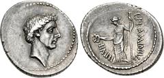 Roman Republican The Caesarians. Julius Caesar. 41 BC. AR Denarius (19mm, 3.77 g, 3h). Rome mint. L. Flaminius Chilo, moneyer. Laureate head right / Pax standing left, holding a caduceus in right hand