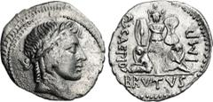 Roman Republican The Republicans. Brutus. Early summer 42 BC. AR Denarius (20mm, 3.45 g, 12h). Military mint traveling with Brutus in Lycia; Q. Caepius, legatus. Draped bust of Apollo right, hair in r
