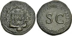 Roman Imperial Divus Augustus. Died AD 14. Æ Sestertius (33.5mm, 23.56 g, 12h). Rome mint. Struck under Tiberius, AD 35-36. DIVO AVGVSTO S P Q R, OB/ CIVES/ SER in three lines on shield within oak-wre