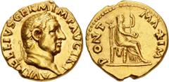 Roman Imperial Vitellius. AD 69. AV Aureus (18mm, 7.33 g, 6h). Rome mint. Struck circa late April-20 December. A VITELLIVS GERM IMP AVG TR P, laureate head right / PONT MAXIM, Vesta, veiled and draped