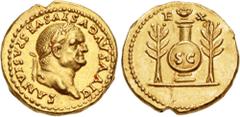 Roman Imperial Divus Vespasian. Died AD 79. AV Aureus (18.5mm, 7.36 g, 6h). Rome mint. Struck under Titus, AD 80-81. DIVVS ΛVGVSTVS VESPΛSIΛNVS, laureate head right / E X above, round shield inscribed