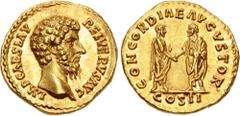 Roman Imperial Lucius Verus. AD 161-169. AV Aureus (18.5mm, 7.19 g, 6h). Rome mint. Struck under Marcus Aurelius and Lucius Verus, AD 161. IMP CΛES L ΛV REL VERVS ΛVG, bare head right / CONCORDIΛE ΛVG