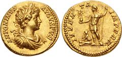 Roman Imperial Caracalla. AD 198-217. AV Aureus (19.5mm, 7.18 g, 12h). Rome mint. Struck AD 199-201. ANTONINVS AVGVSTVS, laureate, draped, and cuirassed bust right / IVVEN TA IMPERII, Caracalla, in mi