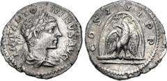 Roman Imperial Elagabalus. AD 218-222. AR Denarius (18.5mm, 2.54 g, 12h). Antioch. Struck AD 219-220. IMP ANTO NINVS AVG, laureate and draped bust right / COS I II P P, eagle, wings spread and head le