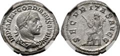 Roman Imperial Gordian I. AD 238. AR Denarius (19mm, 2.36 g, 12h). Rome mint. Struck 1-22 April. IMP M ANT GORDIANVS AFR AVG, laureate, draped, and cuirassed bust right / SECVRITAS AVGG, Securitas, dr