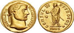 Roman Imperial Diocletian. AD 284-305. AV Aureus (18.5mm, 5.30 g, 6h). Consular issue. Antioch mint. Struck circa AD 296-circa 299/302. DIOCLETIA NVS AVGVSTVS, laureate head right / CONSVL VI P P PROC