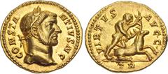 Roman Imperial Constantius I. As Caesar, AD 293-305. AV Aureus (18.5mm, 5.13 g, 6h). Treveri (Trier) mint. 2nd emission, early AD 294. CONSTA NTIVS N C, laureate head right / VIRTVS AVG•G•, Hercules, 