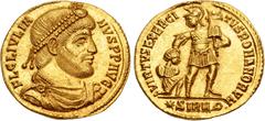 Roman Imperial Julian II. AD 360-363. AV Solidus (20.5mm, 4.19 g, 6h). Sirmium mint. Struck AD 361-363. pearl-diademed, draped, and cuirassed bust right / VIRTVS EXERCI TVS ROMANORVM, soldier, helmete