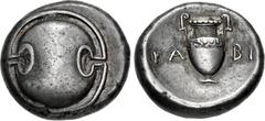 Greek BOEOTIA, Thebes. Circa 368-364 BC. AR Stater (21.5mm, 12.34 g). Kabi–, magistrate. Boeotian shield / Amphora within concave circle. Hepworth 61; BCD Boiotia 539; HGC 4, 1333. Deep old collection
