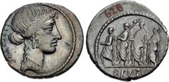 The Robert W. Hubel Collection, Assembled 1929-1939 Q. Servilius Caepio (M. Junius) Brutus. 54 BC. AR Denarius (19mm, 3.76 g, 11h). Rome mint. Head of Libertas right, no jewels in hair / The consul L.