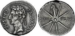 Roman Imperial Augustus. 27 BC-AD 14. AR Denarius (20mm, 3.58 g, 6h). Uncertain Spanish mint (Colonia Caesaraugusta?). Struck circa 19-18 BC. Head left, wearing oak wreath / DIVVS • IVLIVS across fiel