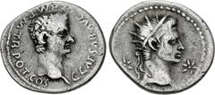 Roman Imperial Gaius (Caligula), with Divus Augustus. AD 37-41. AR Denarius (19.5mm, 3.48 g, 5h). Lugdunum (Lyon) mint. 1st emission, after 18 March AD 37. Bare head of Gaius (Caligula) right / Radiat