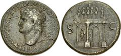 Roman Imperial Nero. AD 54-68. Æ Sestertius (34mm, 23.81 g, 6h). Lugdunum (Lyon) mint. Struck circa AD 66. Laureate head left, globe at point of neck / Triumphal arch, showing the front, with a wreath