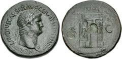 Roman Imperial Nero. AD 54-68. Æ Sestertius (34.5mm, 27.93 g, 6h). Rome mint. Struck circa AD 64. Laureate bust right, wearing aegis / Triumphal arch, showing the front, with a wreath hung across it, 