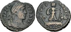 Roman Imperial Valens. AD 364-378. Æ (15.5mm, 1.39 g, 12h). Festival of Isis Issue. Rome mint. Pearl-diademed, draped, and cuirassed bust right / Isis Pharia standing right on galley, head left, holdi