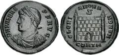 Roman Imperial Valens. AD 364-378. Æ (22.5mm, 4.27 g, 12h). Constantinople mint. Struck circa March AD 368. Pearl-diademed, draped, and cuirassed bust left / Two-turreted camp gate, open doors; S abov