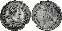 Roman Imperial Honorius. AD 393-423. AR Half Siliqua (14mm, 0.92 g, 12h). Ravenna mint. Pearl-diademed, draped, and cuirassed bust right / Victory advancing left, holding wreath and palm frond; RV. RI