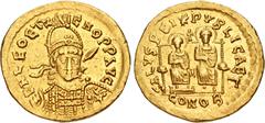 Roman Imperial Leo II, with Zeno. AD 474. AV Solidus (20mm, 4.43 g, 6h). Constantinople mint, 3rd officina. Struck 18 January-17 November. Pearl-diademed, helmeted, and cuirassed bust facing slightly 