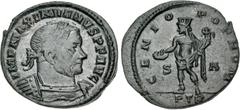 Roman Imperial Galerius. AD 305-311. Æ Follis (21.5mm, 4.13 g, 12h). Treveri (Trier) mint, 1st officina. Struck circa summer AD 307. Laureate and cuirassed bust right / Genius standing left, holding p