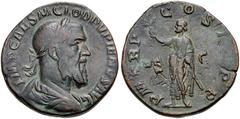 Pupienus. AD 238. Æ Sestertius (28mm, 16.66 g, 12h). Rome mint. 1st emission. Laureate, draped, and cuirassed bust right / Pupienus standing left, holding branch and parazonium. RIC IV 15. VF, dark br