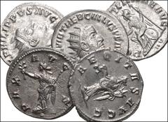 ROMAN. Imperial. Lot of five (5) Antioch mint AR Antoniniani from Philip I to Trebonianus Gallus. Includes: Philip I. RIC IV 82 // Philip II. RIC IV 240a // Trebonianus Gallus. RIC IV 83 // 87 // 89. 