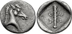 THESSALY, Thessalian League. Circa 470s-460s BC. AR Hemiobol (8mm, 0.46 g, 12h). Head and neck of horse r. / ΘΕ-ΘΑ, club placed diagonally in incuse square. Franke, Geschicte , 5 var. [obol]. VF, nice