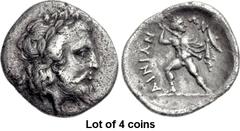 Lot of 4 coins. (30.1) THESSALY, Ainianes. Hypata . Mid 4th century BC. AR Hemidrachm (16mm, 2.49 g, 11h). Laureate and bearded head of Zeus to r. / ΑΙΝΙΑΝ l. up, ΩΝ r. down, The hero Phemios, naked b