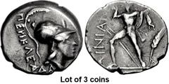 Lot of 3 coins. (43.1) THESSALY, Ainianes. Hypata . 1st century BC. AR Hemidrachm or Tetrobol (15mm, 2.44 g, 12h). Magistrate Pericleadas. ΠΕΡΙΚΛΕΑΔΑΣ l. down and to r., head of Athena r. in Corinthia