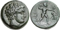 THESSALY, Kierion. Second half of the 4th century BC. Æ Trichalkon (20mm, 8.26 g, 6h). Laureate head of Apollo r. / ΚΙΕΡΙΕ[ΙΩΝ] l. up, Zeus, naked, striding r., hurling thunderbolt from his r. hand an
