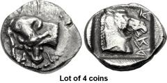 Lot of 4 coins. (114.1) THESSALY, Krannon. Mid 5th century BC. AR Obol (11mm, 0.95 g, 6h). Forepart of bull l., his head and neck turning back and facing the viewer; behind, trident upwards, all in a 