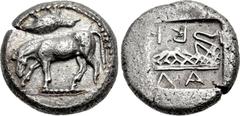 THESSALY, Larissa. 479/475 - circa 460 BC. AR Drachm (16.5mm, 5.35 g, 10h). Horse with lowered head, grazing l. on dotted ground line, above, pheasant-like bird to r. but upside down, all in dotted ci