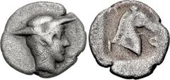 THESSALY, Larissa. Second quarter of 5th century BC. AR Hemiobol (9.5mm, 0.42 g, 3h). Head of Jason, wearing petasos, to r. / Λ-[Α]-Ρ-Ι in four corners, clockwise from top l., the Ρ reversed, head and