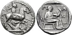 THESSALY, Larissa. Mid to late 5th century BC. AR Trihemiobol (13mm, 1.31 g, 1h). Horseman, petasos and chlamys on his back and holding a spear, riding horse walking r., below horse, lion’s head r., b