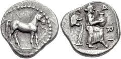 THESSALY, Larissa. Last quarter of 5th century BC. AR Obol (10mm, 0.96 g, 9h). Bridled horse standing r., border of dots / Λ-Α to l. and r. above, RΙ r. down, the nymph Larissa standing r. and balanci
