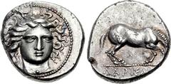 THESSALY, Larissa. Early to mid 4th century BC. AR Drachm (18mm, 6.08 g, 6h). ΣΙΜΟ above in small letters, head of the nymph Larissa three-quarter facing r., wearing hair band and necklace with a cent